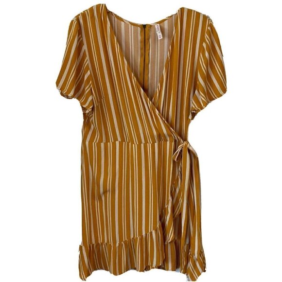 Xhilaration Womens XXL Faux Wrap Sunflower Yellow White Striped Ruffle Hem Dress - Picture 1 of 12
